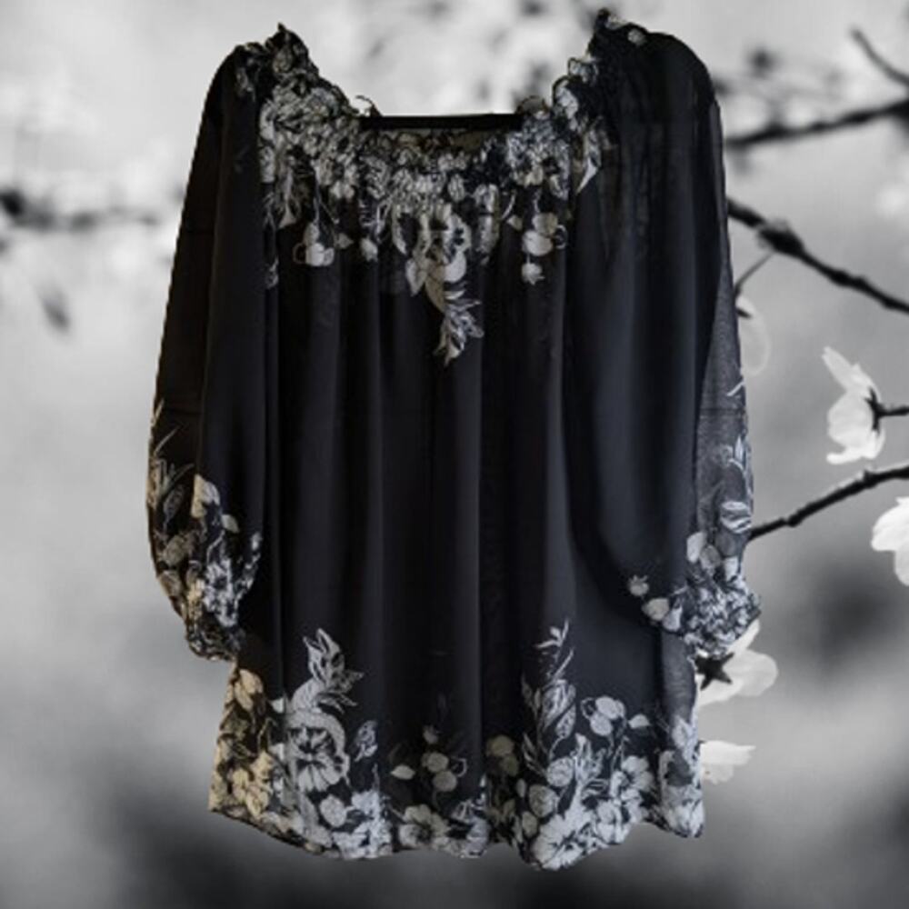 Additions Chico's XLG (3) shear black and shite 3/4 sleeve floral trim blouse.